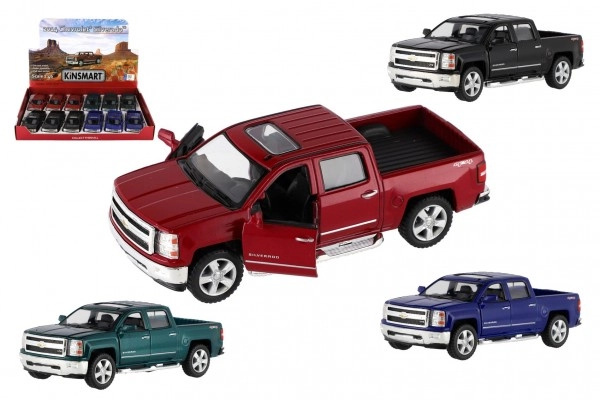 Teddies Auto Kinsmart Chevrolet 2014 Silverado kov/ 13cm 4 barvy na zpětné natažení 12ks v boxu