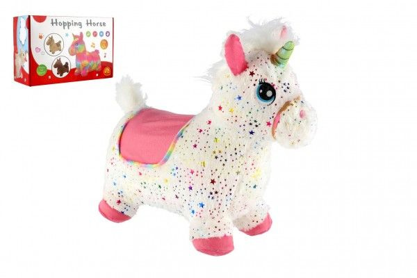 Teddies hopsadlo jednorožec plyš bílý s hvězdičkami výš. sedla 23cm na bat. se zvukem