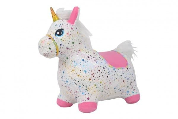 Teddies hopsadlo jednorožec plyš bílý s hvězdičkami výš. sedla 23cm na bat. se zvukem