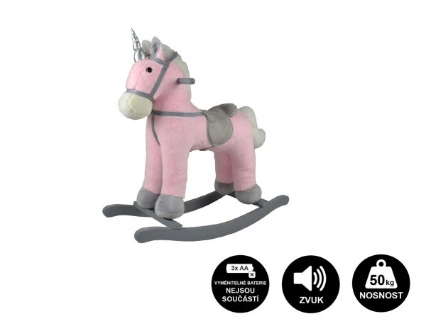 Teddies Kůň houpací růžový jednorožec plyš na bat. 71cm se zvukem a pohybem nosnost 50kg