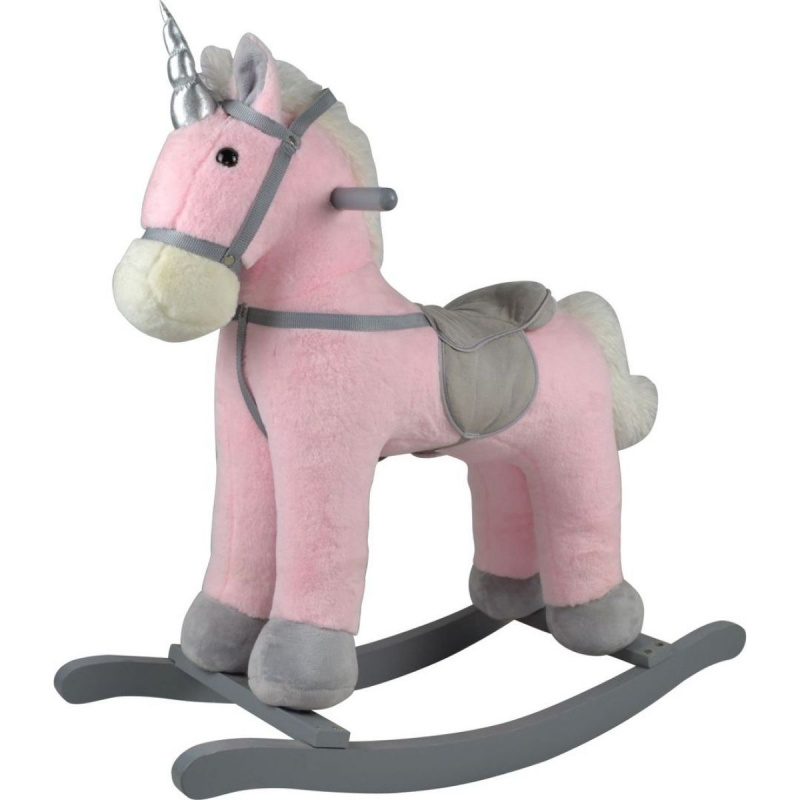 Teddies Kůň houpací růžový jednorožec plyš na bat. 71cm se zvukem a pohybem nosnost 50kg