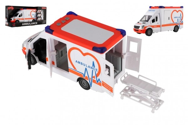 Teddies Auto ambulance plast 28cm s lehátkem na setrvačník se světlem se zvukem v krabici 39x18x12cm