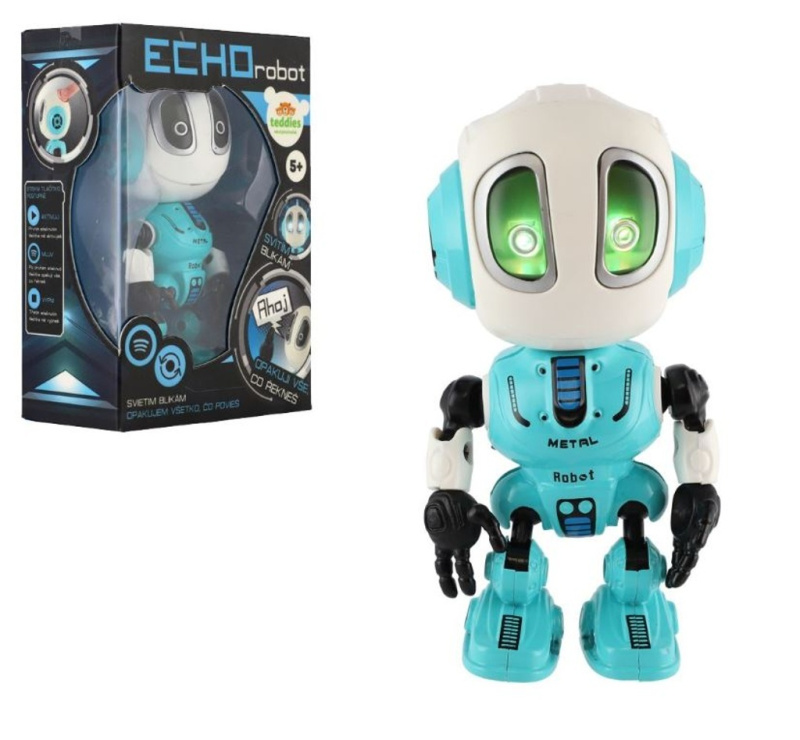 Teddies Robot ECHO opakující věty kovový 12cm modrý na baterie se zvukem se světlem v krabičce 10,5x15x5,5cm