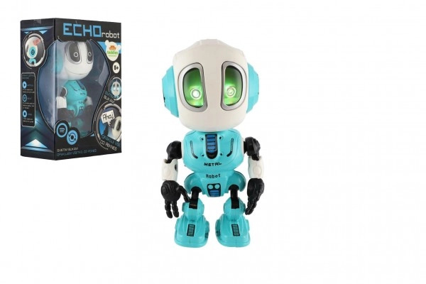 Teddies Robot ECHO opakující věty kovový 12cm modrý na baterie se zvukem se světlem v krabičce 10,5x15x5,5cm