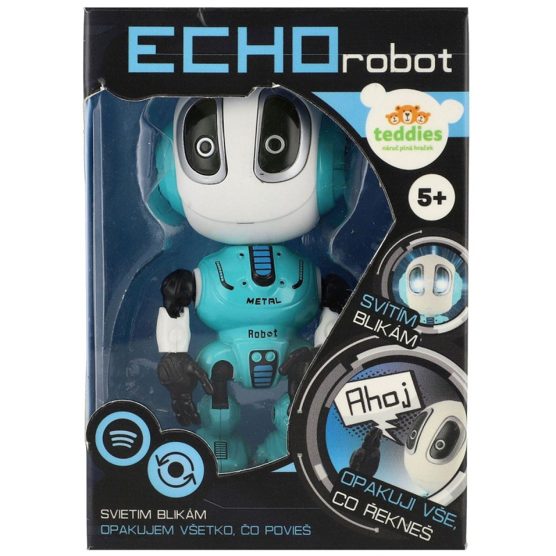 Teddies Robot ECHO opakující věty kovový 12cm modrý na baterie se zvukem se světlem v krabičce 10,5x15x5,5cm