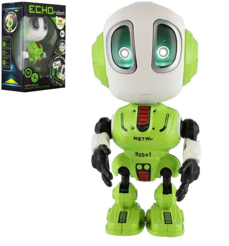 Teddies Robot ECHO opakující věty kovový 12cm zelený na baterie se zvukem světlem v krabičce 10,5x15x5,5cm