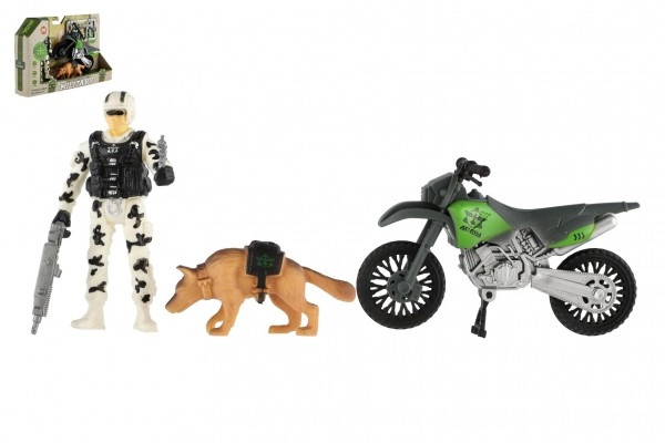 Teddies Vojenská sada plast motorka, voják, pes s doplňky v krabici 23x14x4cm 00800225-XG