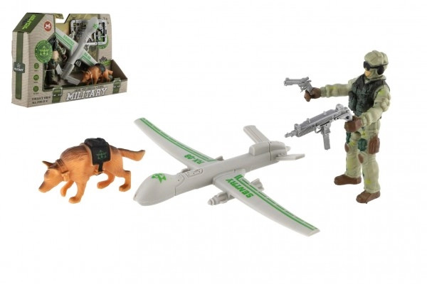 Teddies Vojenská sada plast dron, voják, pes s doplňky v krabici 23x14x4cm 00800226-XG