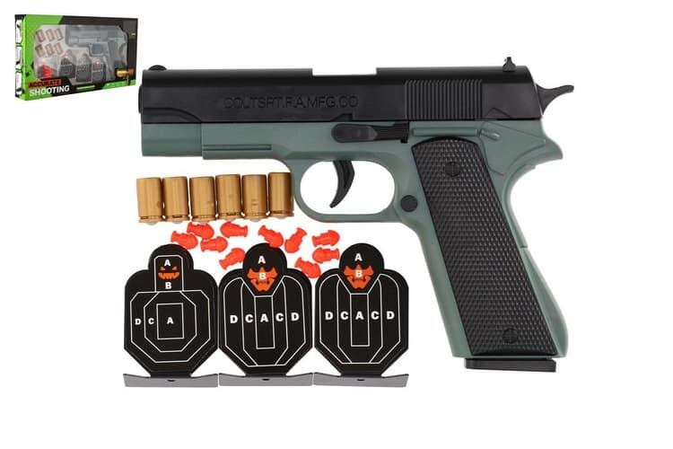 Teddies Pistole na pěnové náboje plast 19cm + terče 3ks, náboje 6ks v krabici 34x18x4,5cm