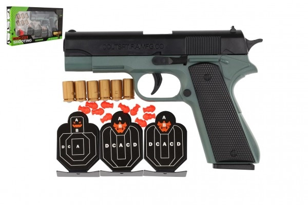 Teddies Pistole na pěnové náboje plast 19cm + terče 3ks, náboje 6ks v krabici 34x18x4,5cm