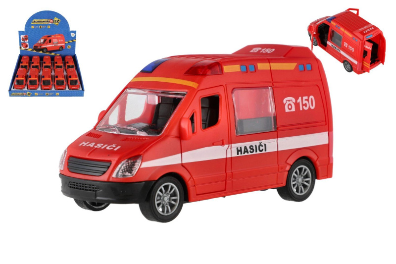 Hasičské auto plastové 12 cm na setrvačník – sada 10 ks v boxu