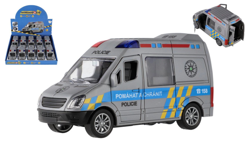 Policejní auto plastové 12 cm na setrvačník, 10 ks v boxu
