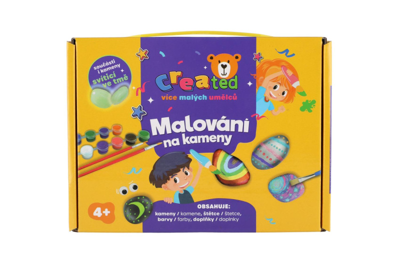 Sada na malování kamenů svítících ve tmě s barvami a štětci CREATED