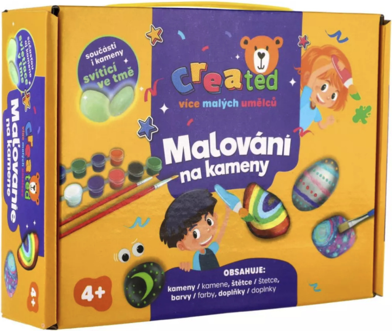 Sada na malování kamenů svítících ve tmě s barvami a štětci CREATED