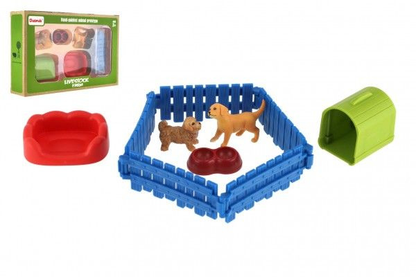 Plastoví pejskové s ohrádkou a doplňky, sada 2 ks