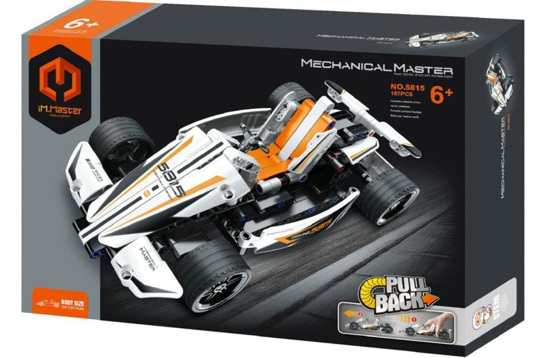 Stavebnice formule s plastovými dílky a mechanismem zpětného natažení