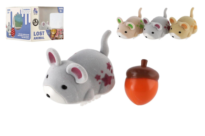 Interaktivní veverka se žaludem na baterie, 5 cm, 3 barvy