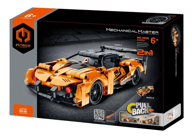 Stavebnice 2v1 sportovní auto a čtyřkolka na zpětné natažení, 278 dílků, oranžová