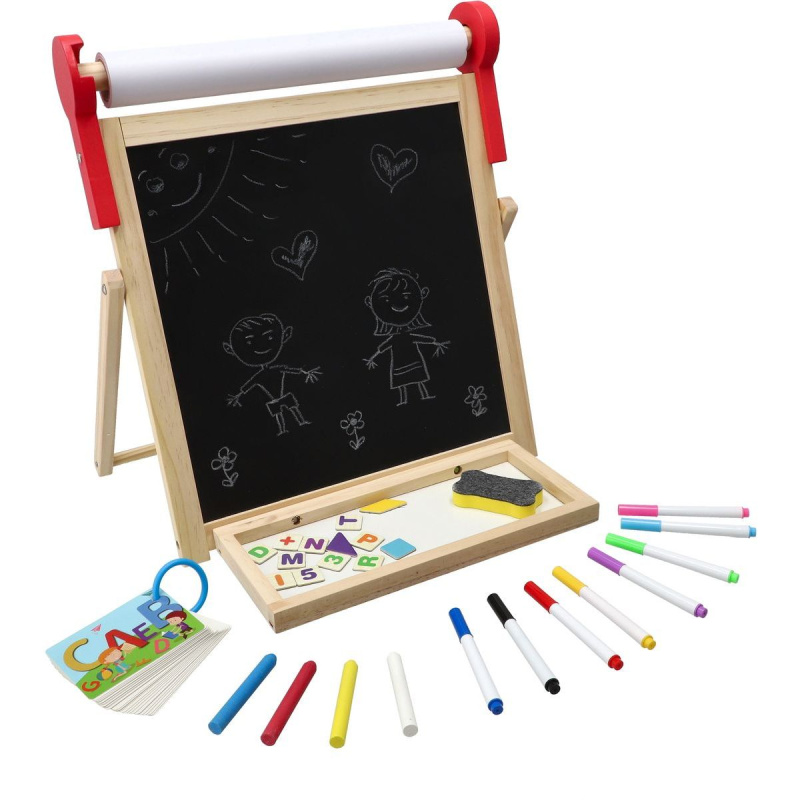 Oboustranná magnetická dětská tabule z dřeva 33 × 33 cm s rolí papíru a doplňky