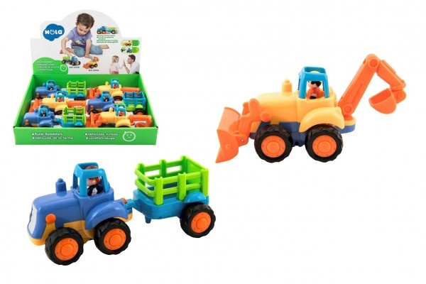Teddies Traktor s vlekem/Buldozer plast 16cm pro nejmenší na setrvačník 6ks v boxu
