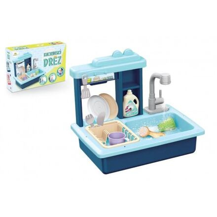 Dřez na mytí nádobí modrý + kohoutek na vodu na baterie plast s doplňky v krabici 46x28x12cm