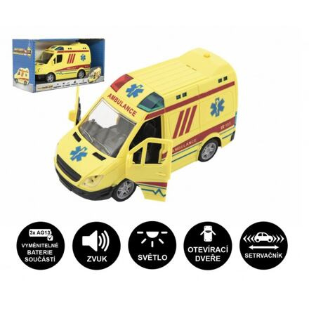Teddies Auto ambulance plast 20cm na setrvačník na baterie se zvukem se světlem