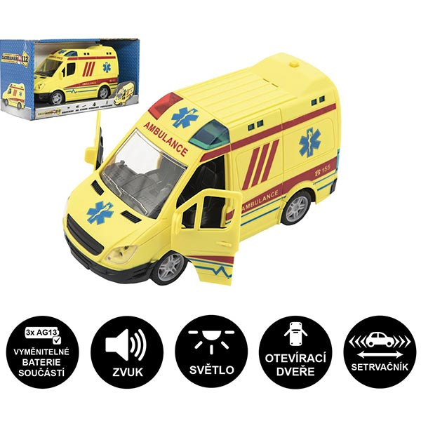 Teddies Auto ambulance plast 20cm na setrvačník na baterie se zvukem se světlem