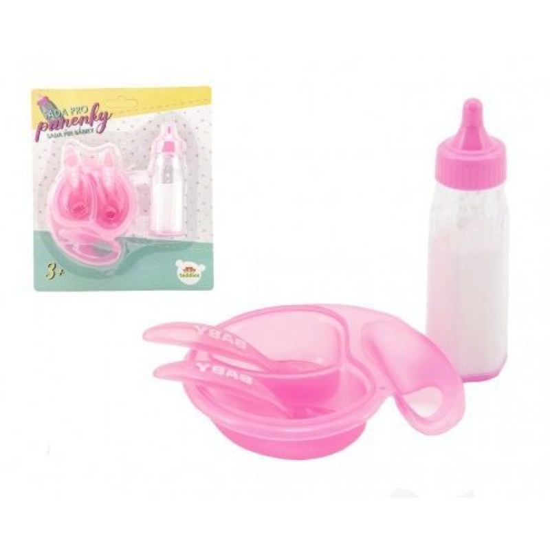 Teddies Sada pro panenky plast lahvička miska s příborem na kartě 19x22x4cm