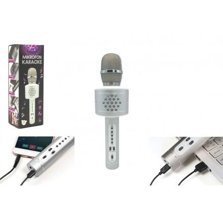 Mikrofon karaoke Bluetooth na baterie s USB kabelem v krabici 10x28x8,5cm – Stříbrný
