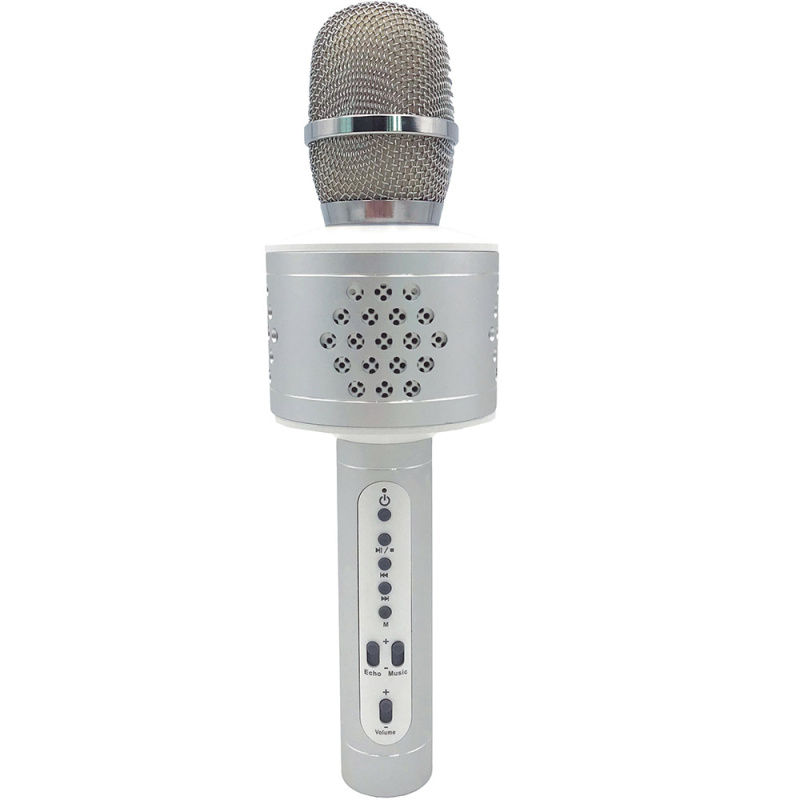 Mikrofon karaoke Bluetooth na baterie s USB kabelem v krabici 10x28x8,5cm – Stříbrný