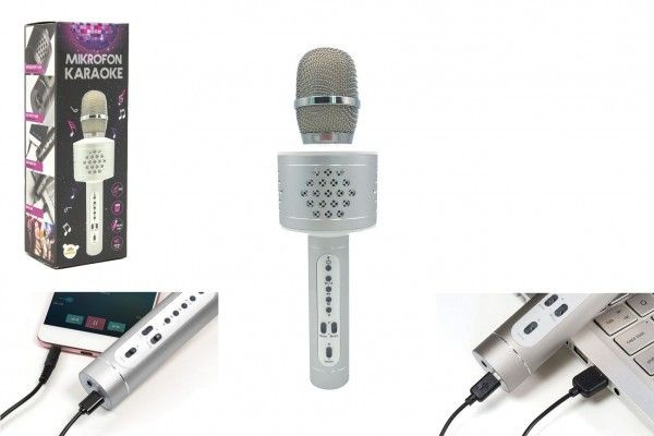 Mikrofon karaoke Bluetooth na baterie s USB kabelem v krabici 10x28x8,5cm – Stříbrný