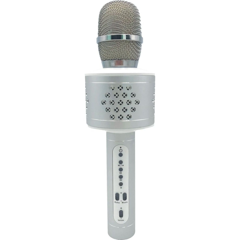 Mikrofon karaoke Bluetooth na baterie s USB kabelem v krabici 10x28x8,5cm – Stříbrný