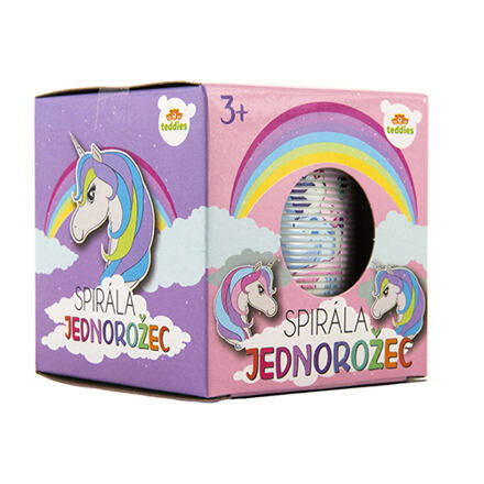 Teddies Spirála pružina jednorožec plast průměr 6 5cm 4 barvy v krabičce 7x7x7cm