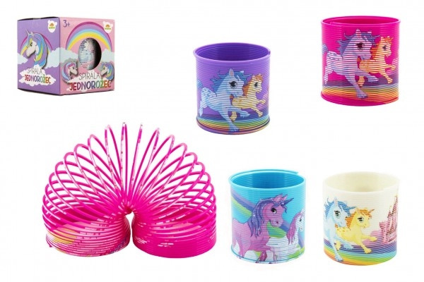 Teddies Spirála pružina jednorožec plast průměr 6 5cm 4 barvy v krabičce 7x7x7cm