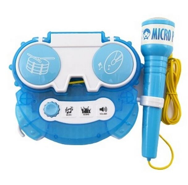 Mikrofon karaoke modrý plast na baterie se světlem v krabici 24x21x5 5cm
