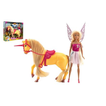 Teddies Jednorožec kůň česací plast se sedlem s panenkou vílou v krabici 39x33x9cm