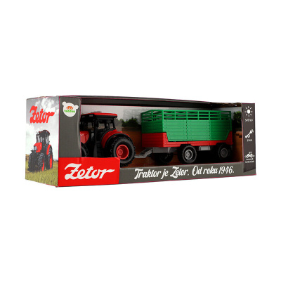 Teddies Traktor Zetor s vlekem plast 36cm na setrvačník na bat. se světlem se zvukem v krabici 39x13x13cm