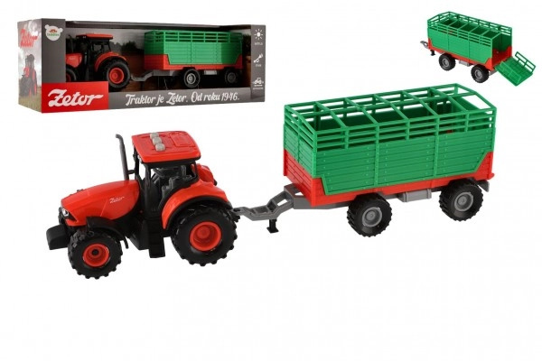 Teddies Traktor Zetor s vlekem plast 36cm na setrvačník na bat. se světlem se zvukem v krabici 39x13x13cm