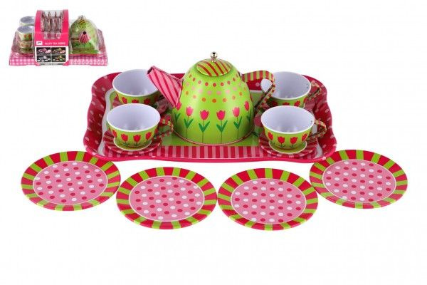 Teddies Čajová sada nádobí plech 14 ks 4 barvy v blistru 25 x 17 x 11 cm