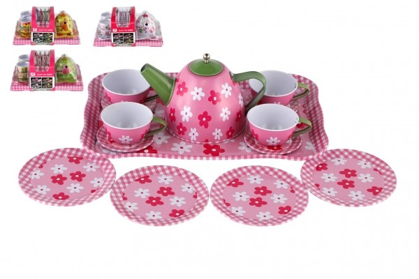 Teddies Čajová sada nádobí plech 14 ks 4 barvy v blistru 25 x 17 x 11 cm
