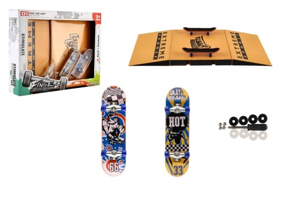 Skateboard prstový šroubovací 2ks plast 10cm s rampou s doplňky 2 barvy v krabičce 35x9x18cm