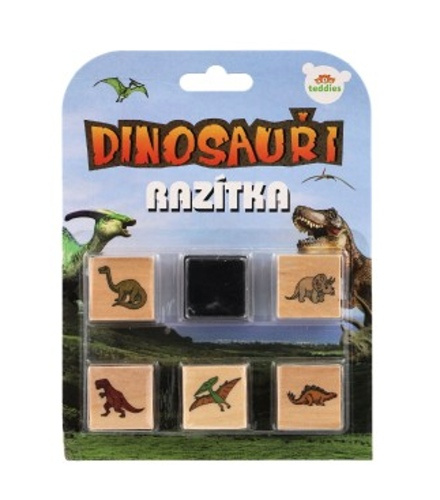 Razítka dřevěná  5+1 s poduškou dinosauři 3x3cm na kartě