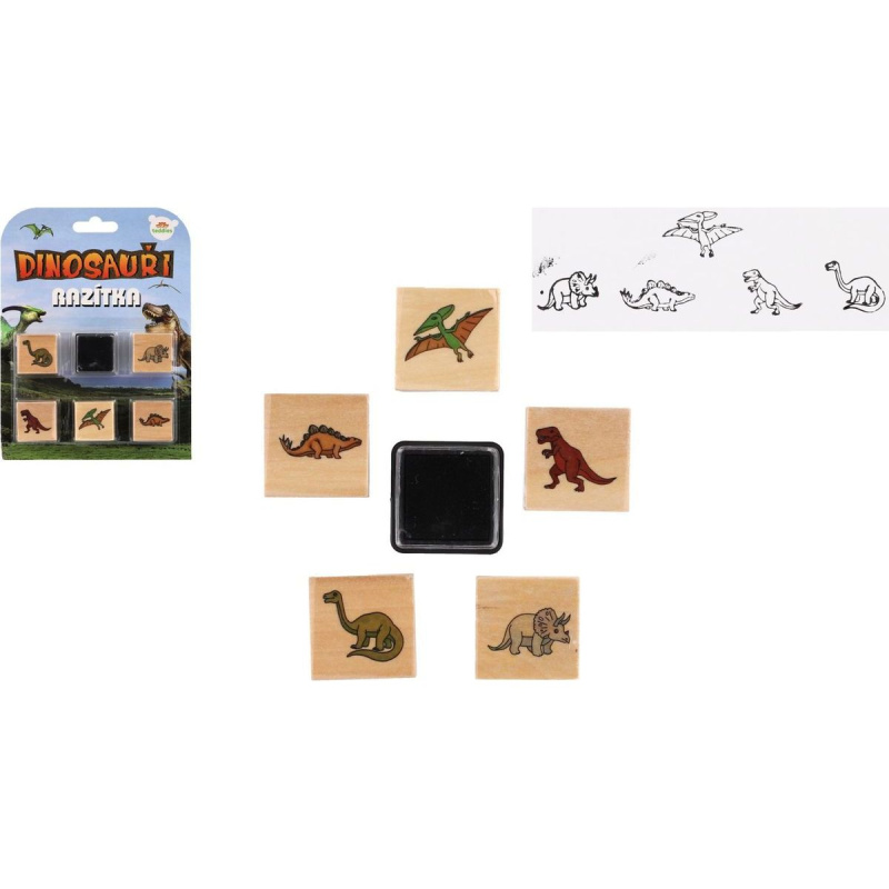 Razítka dřevěná  5+1 s poduškou dinosauři 3x3cm na kartě
