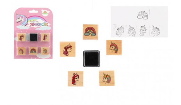 Teddies Razítka dřevěná 5 1 s poduškou jednorožci 3x3cm na kartě