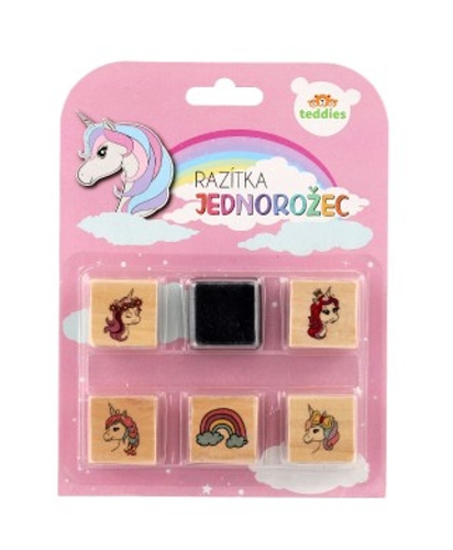 Teddies Razítka dřevěná 5 1 s poduškou jednorožci 3x3cm na kartě