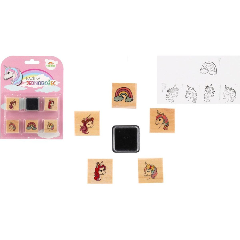Teddies Razítka dřevěná 5 1 s poduškou jednorožci 3x3cm na kartě