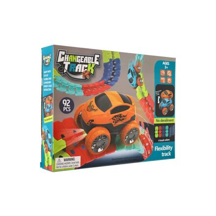 Teddies Autodráha barevná pružná 92 ks plast auto na baterie se světlem v krabici 35x27x6cm