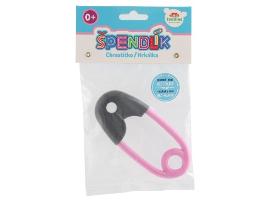Chrastítko špendlík plast 12cm šedorůžové 12x19cm v sáčku 0+