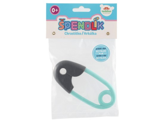 Chrastítko špendlík plast 12cm šedotyrkysové 12x19cm v sáčku 0+