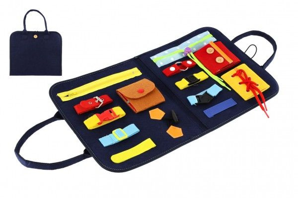Teddies Edukační penál filc zapínání a otevírání zipů a knoflíků v sáčku 24x27x4cm